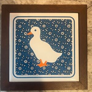 Vintage Framed Duck Art Tile with Blue Floral Pattern